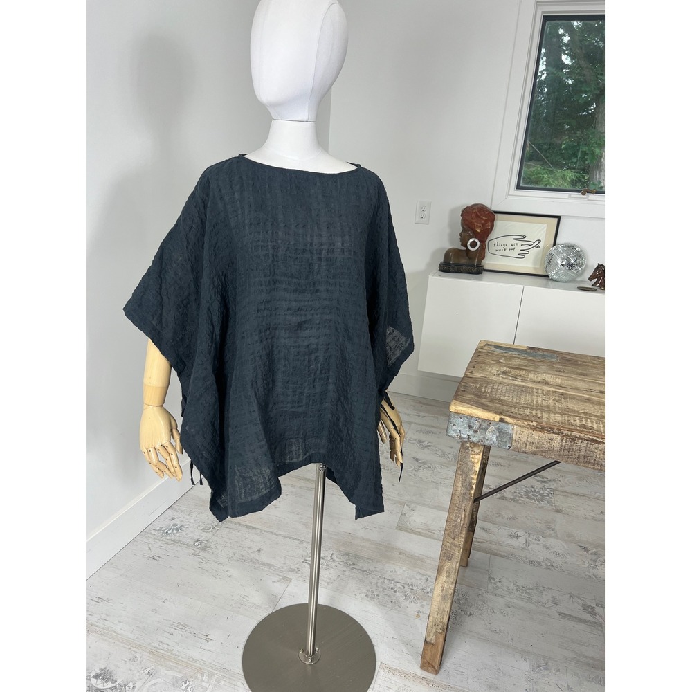 Eileen Fisher Black Linen Organic Cotton Textured Grid Poncho Top 1X/2X NWOT